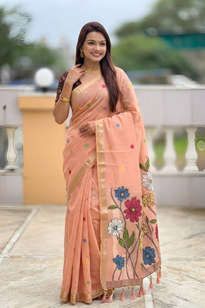 Peach Floral Woven Cotton Blend Saree (ACA6954)