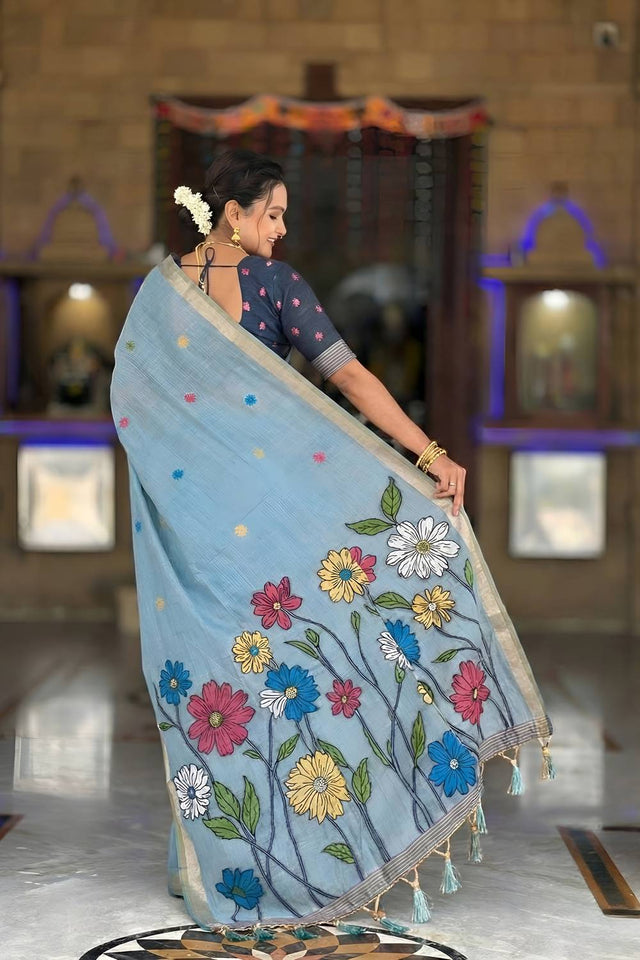 Blue Floral Woven Cotton Blend Saree (ACA6955)