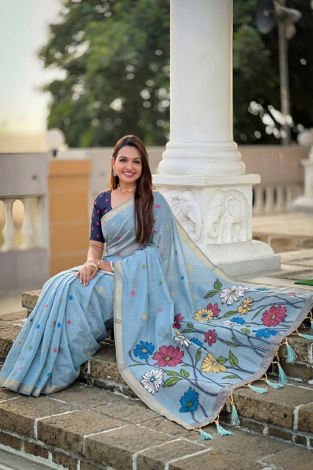 Blue Floral Woven Cotton Blend Saree (ACA6955)