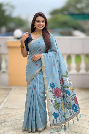 Blue Floral Woven Cotton Blend Saree (ACA6955)