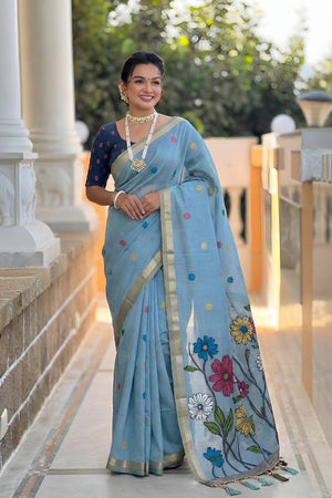 Blue Floral Woven Cotton Blend Saree (ACA6955)