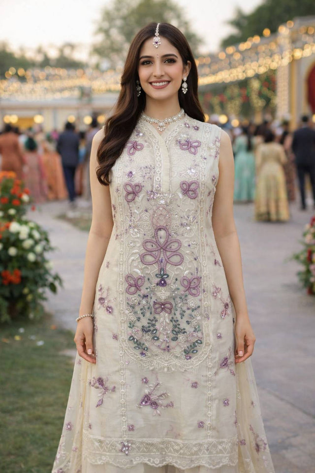 Violet Floral Embroidered Chiffon Kurti Palazzo Set (ACA6964)