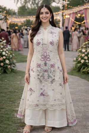 Violet Floral Embroidered Chiffon Kurti Palazzo Set (ACA6964)