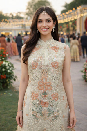Peach Floral Embroidered Chiffon Kurti Palazzo Set (ACA6965)
