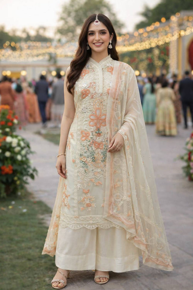 Peach Floral Embroidered Chiffon Kurti Palazzo Set (ACA6965)