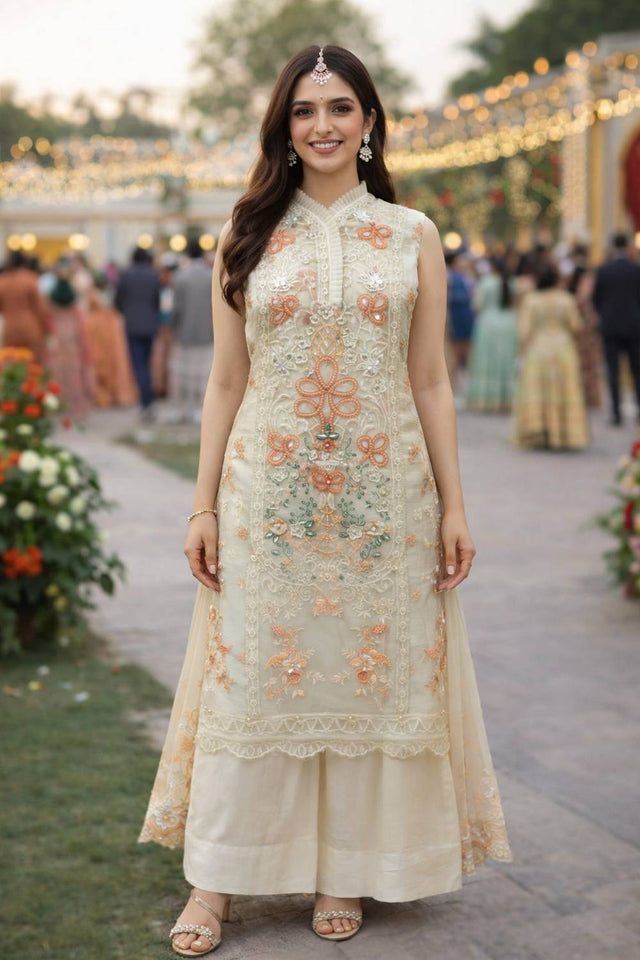 Peach Floral Embroidered Chiffon Kurti Palazzo Set (ACA6965)