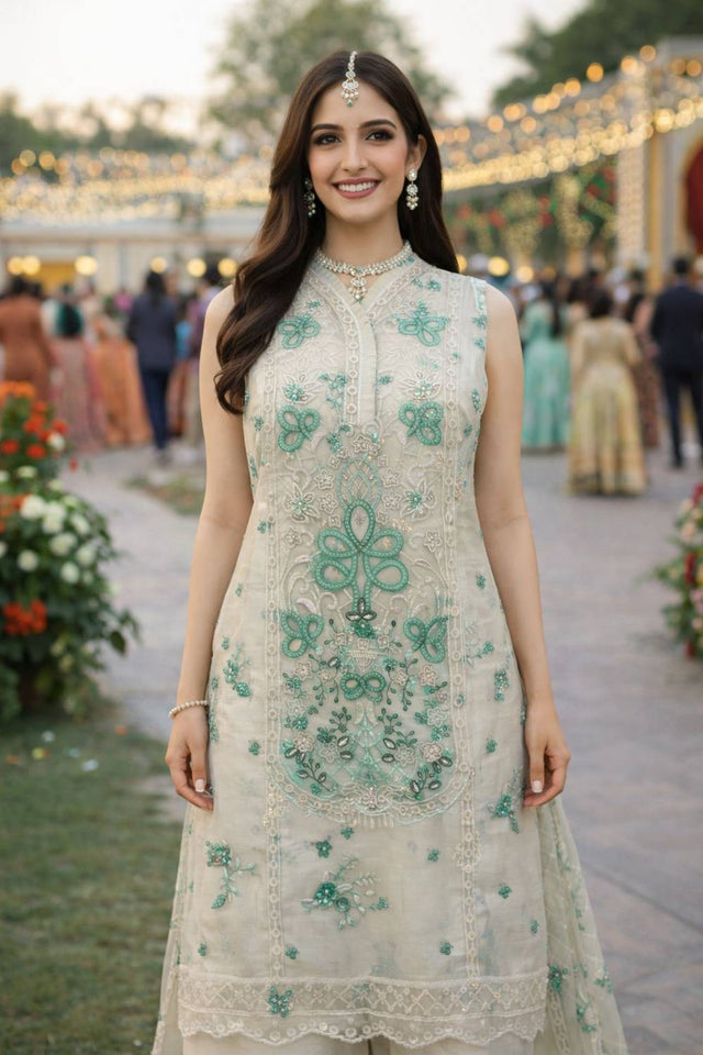 Sea Green Floral Embroidered Chiffon Kurti Palazzo Set (ACA6966)