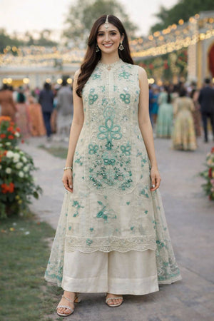 Sea Green Floral Embroidered Chiffon Kurti Palazzo Set (ACA6966)