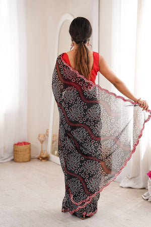 Black Bandhani Printed with Mirror Embroidered Border Georgette Saree (ACA6967)