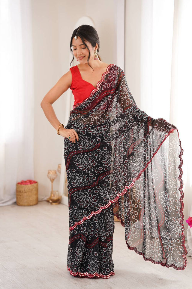 Black Bandhani Printed with Mirror Embroidered Border Georgette Saree (ACA6967)
