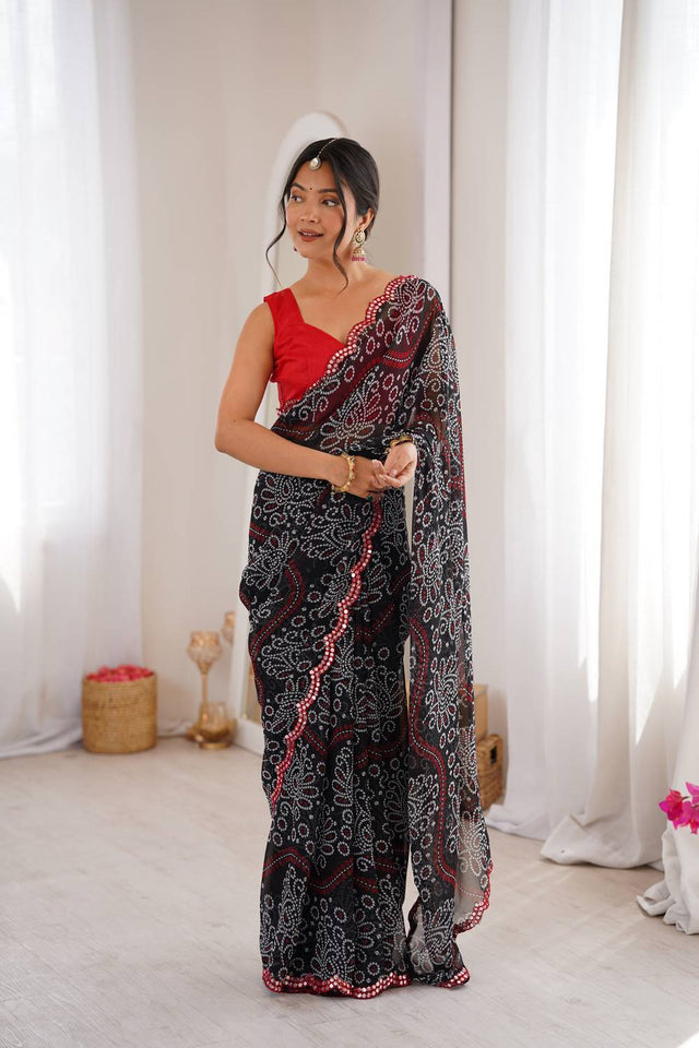 Black Bandhani Printed with Mirror Embroidered Border Georgette Saree (ACA6967)