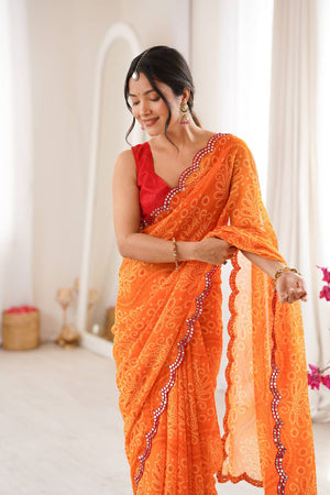 Orange Bandhani Printed with Mirror Embroidered Border Georgette Saree (ACA6968)
