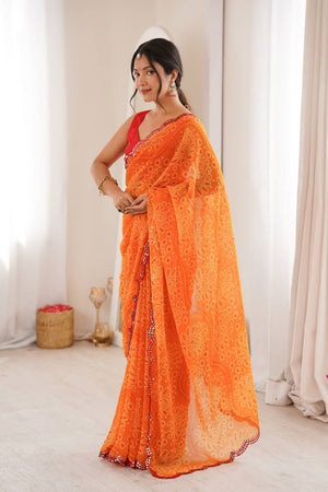 Orange Bandhani Printed with Mirror Embroidered Border Georgette Saree (ACA6968)