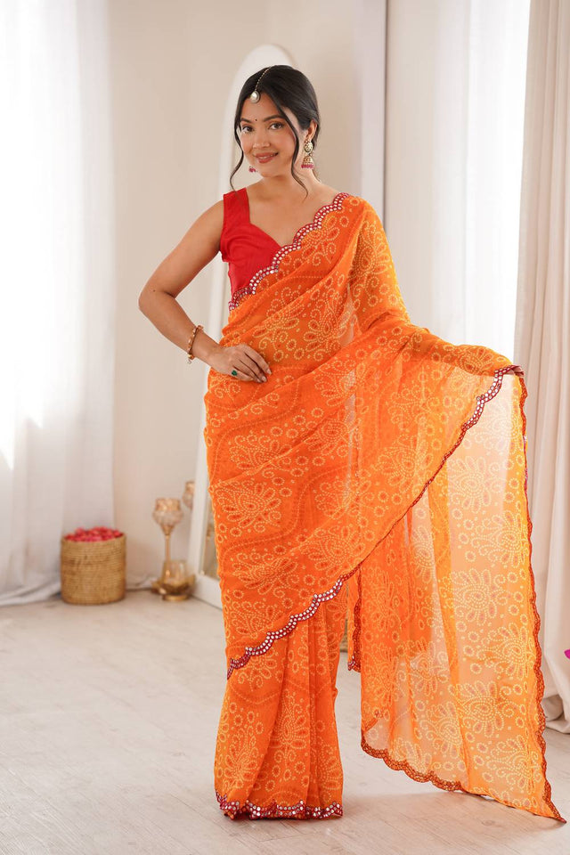 Orange Bandhani Printed with Mirror Embroidered Border Georgette Saree (ACA6968)