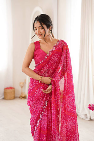 Pink Bandhani Printed with Mirror Embroidered Border Georgette Saree (ACA6969)