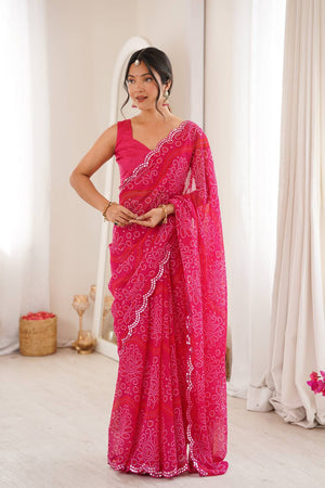 Pink Bandhani Printed with Mirror Embroidered Border Georgette Saree (ACA6969)