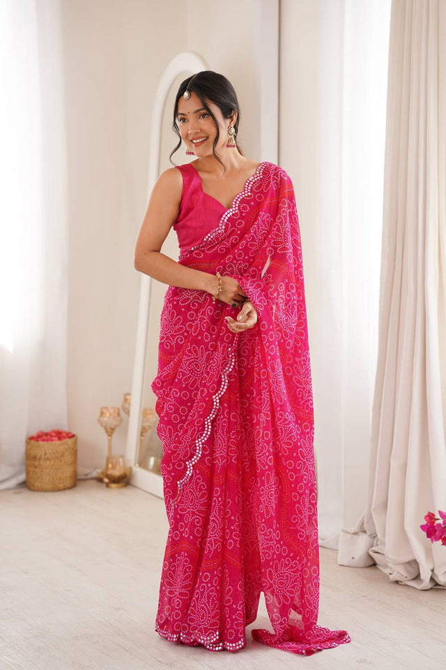 Pink Bandhani Printed with Mirror Embroidered Border Georgette Saree (ACA6969)