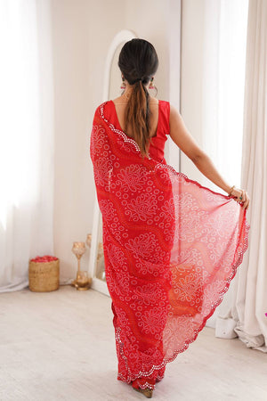 Red Bandhani Printed with Mirror Embroidered Border Georgette Saree (ACA6970)