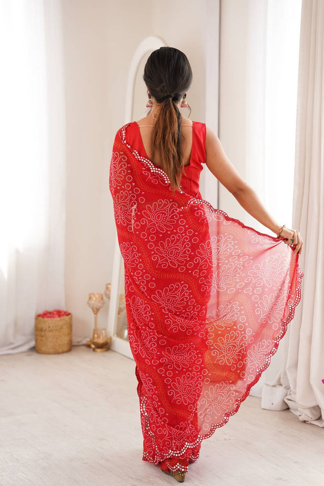 Red Bandhani Printed with Mirror Embroidered Border Georgette Saree (ACA6970)