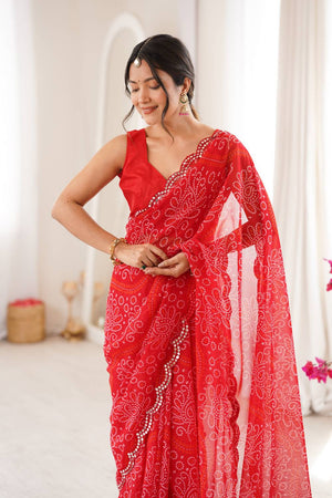 Red Bandhani Printed with Mirror Embroidered Border Georgette Saree (ACA6970)