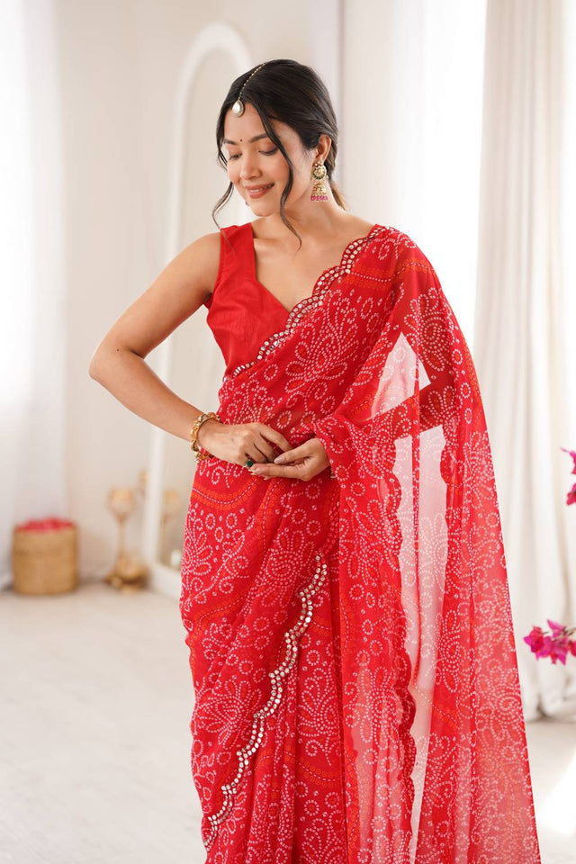 Red Bandhani Printed with Mirror Embroidered Border Georgette Saree (ACA6970)