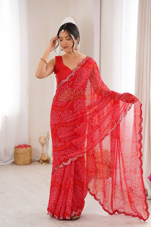 Red Bandhani Printed with Mirror Embroidered Border Georgette Saree (ACA6970)