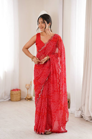 Red Bandhani Printed with Mirror Embroidered Border Georgette Saree (ACA6970)