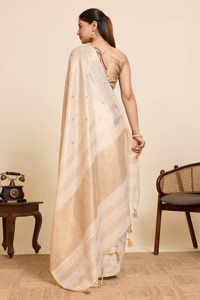 Beige Woven with Embroidered Work Linen Blend Saree (ACA6977)