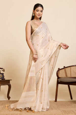 Beige Woven with Embroidered Work Linen Blend Saree (ACA6977)