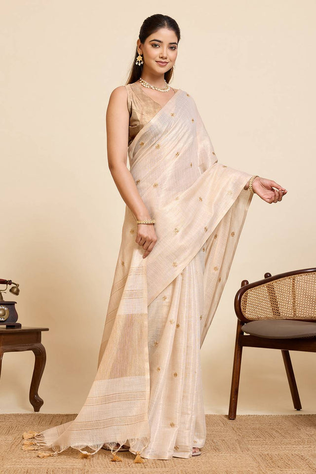 Beige Woven with Embroidered Work Linen Blend Saree (ACA6977)