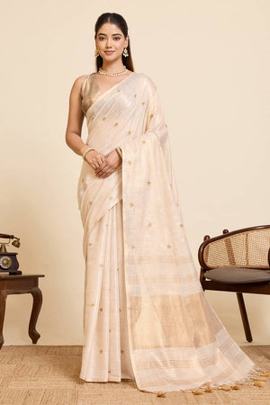 Beige Woven with Embroidered Work Linen Blend Saree (ACA6977)