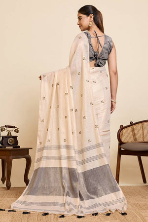 Beige Woven with Embroidered Work Linen Blend Saree (ACA6978)