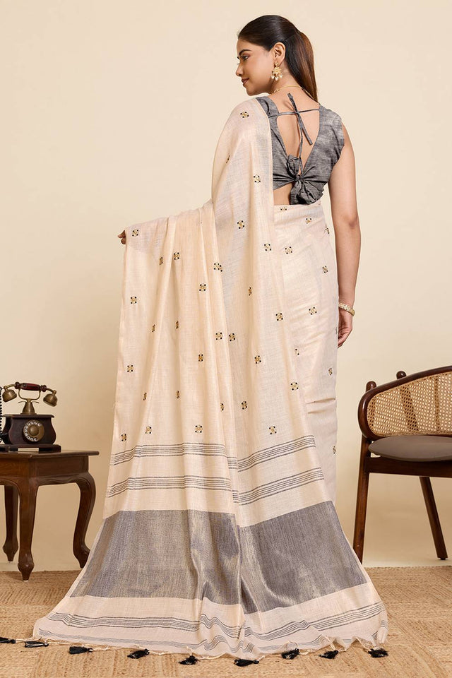 Beige Woven with Embroidered Work Linen Blend Saree (ACA6978)