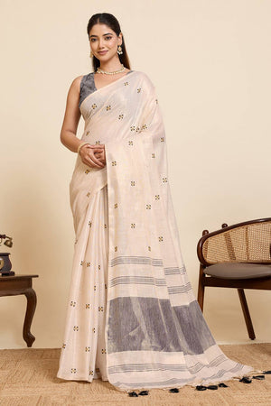 Beige Woven with Embroidered Work Linen Blend Saree (ACA6978)