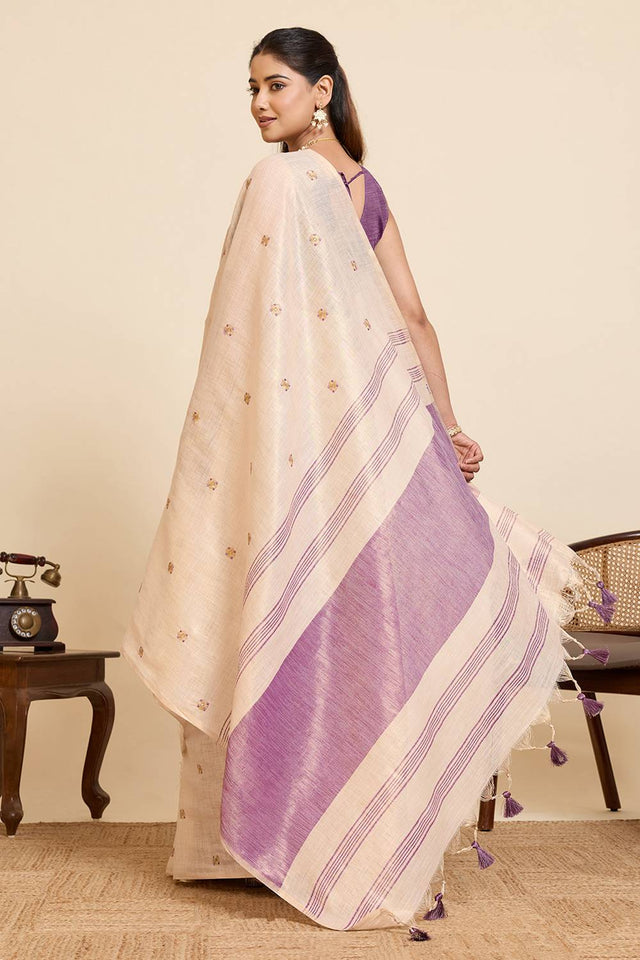 Beige Woven with Embroidered Work Linen Blend Saree (ACA6979)