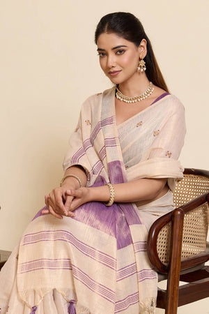 Beige Woven with Embroidered Work Linen Blend Saree (ACA6979)
