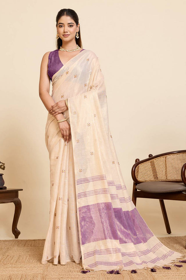 Beige Woven with Embroidered Work Linen Blend Saree (ACA6979)