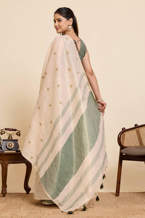 Beige Woven with Embroidered Work Linen Blend Saree (ACA6980)