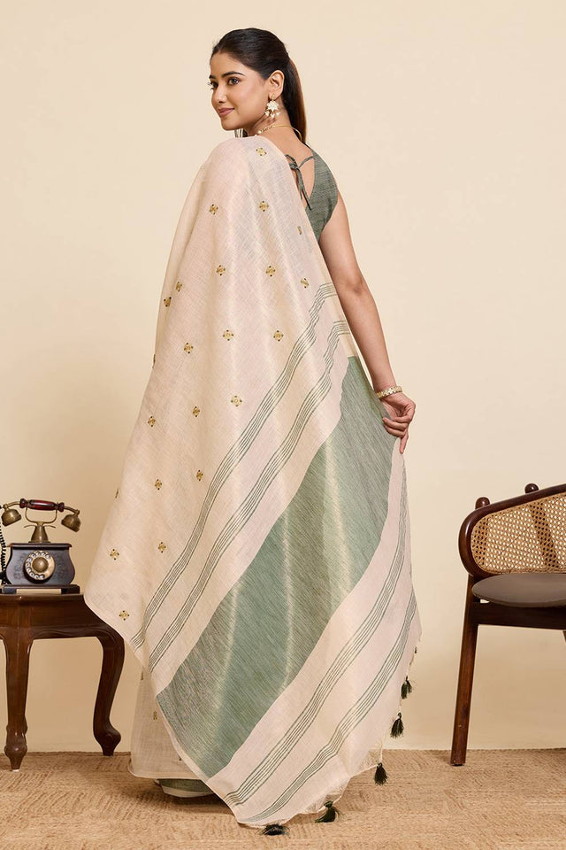 Beige Woven with Embroidered Work Linen Blend Saree (ACA6980)