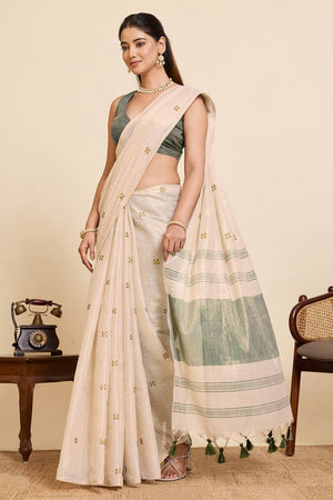 Beige Woven with Embroidered Work Linen Blend Saree (ACA6980)