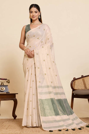Beige Woven with Embroidered Work Linen Blend Saree (ACA6980)