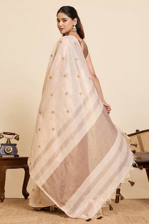 Beige Woven with Embroidered Work Linen Blend Saree (ACA6981)
