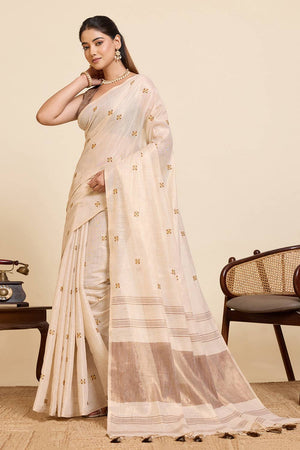 Beige Woven with Embroidered Work Linen Blend Saree (ACA6981)