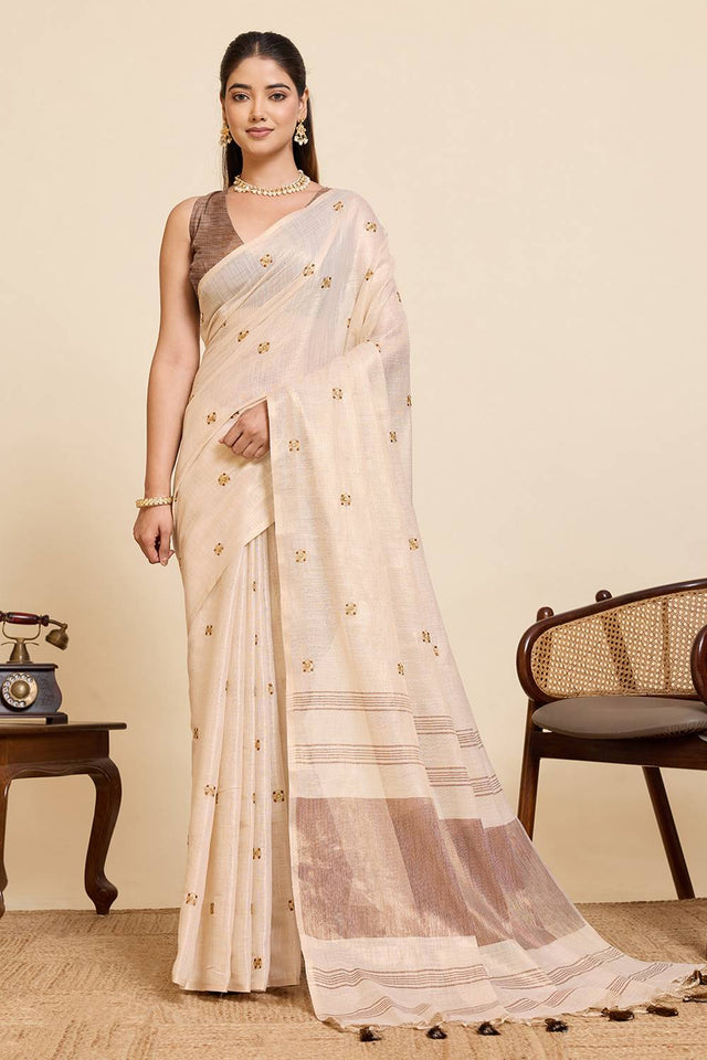 Beige Woven with Embroidered Work Linen Blend Saree (ACA6981)
