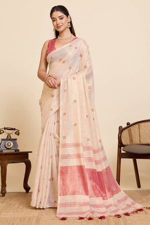 Beige Woven with Embroidered Work Linen Blend Saree (ACA6982)