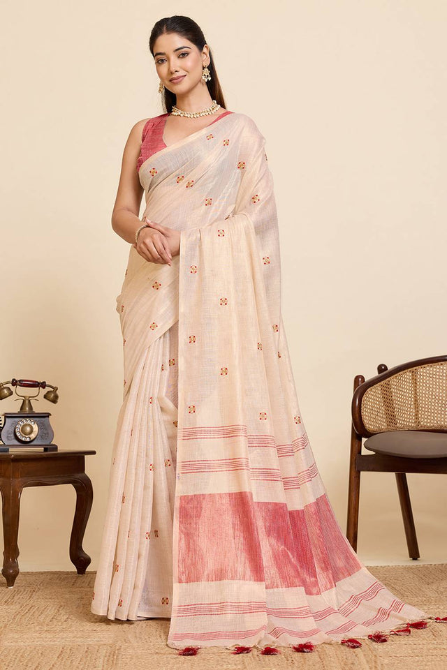 Beige Woven with Embroidered Work Linen Blend Saree (ACA6982)