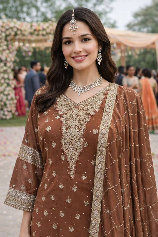 Free Size Stitched Brown Floral Embroidered Georgette Palazzo Suit (ACA6993)