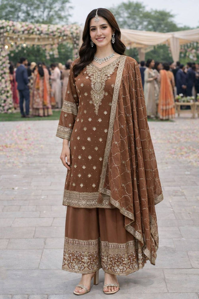 Free Size Stitched Brown Floral Embroidered Georgette Palazzo Suit (ACA6993)