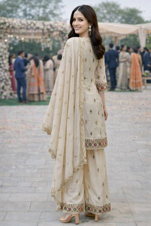 Free Size Stitched Cream Floral Embroidered Georgette Palazzo Suit (ACA6994)