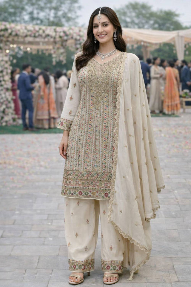 Free Size Stitched Cream Floral Embroidered Georgette Palazzo Suit (ACA6994)
